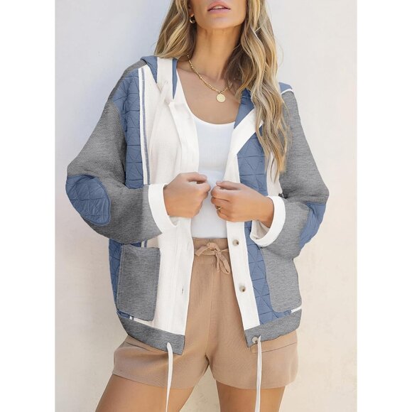 Womens Quilted Waffle Knit Shacket Lightweight Button Hoodie Jacket Small - Picture 4 of 6